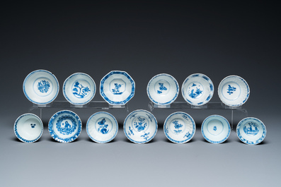 Thirteen Chinese blue and white cups and saucers, Kangxi