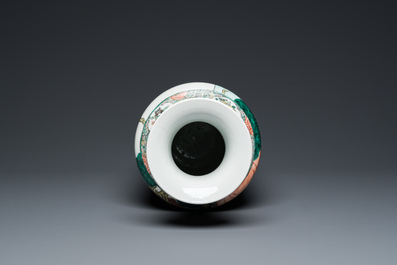 A fine Chinese famille verte rouleau vase with narrative design, 19th C.