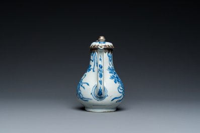 A Chinese blue and white teapot and cover with silver mounts, Kangxi