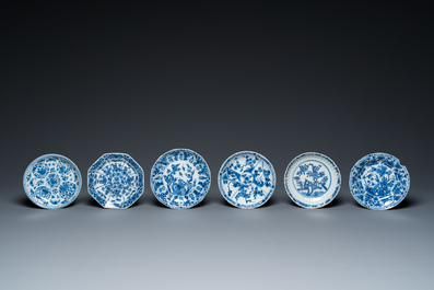 Thirteen Chinese blue and white cups and saucers, Kangxi