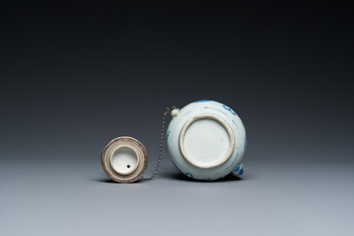 A Chinese blue and white teapot and cover with silver mounts, Kangxi