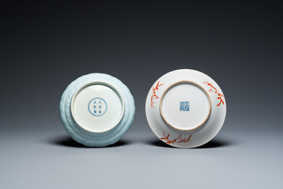 A Chinese sang-de-boeuf-glazed jar, a blanc de Chine Buddha and two plates, 19th C.