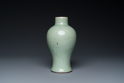 A Chinese celadon-glazed vase with underglaze design and a junyao-type bowl, 19/20th C.