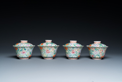 Vier Chinese famille rose millefleurs dekselkommen op houders, Qianlong merk, Republiek