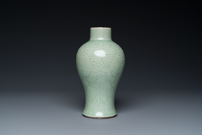 A Chinese celadon-glazed vase with underglaze design and a junyao-type bowl, 19/20th C.