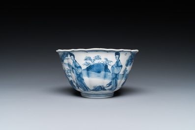 A Chinese blue and white bowl with figures in a landscape, Chenghua mark, Kangxi