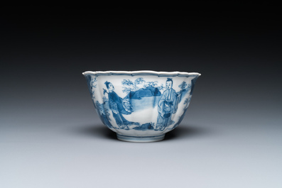 A Chinese blue and white bowl with figures in a landscape, Chenghua mark, Kangxi