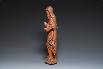 Grand Saint Jean &agrave; l'agneau en ch&ecirc;ne sculpt&eacute;, 16&egrave;me