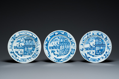 Zes Chinese blauw-witte 'Xi Xiang Ji' schotels, Kangxi