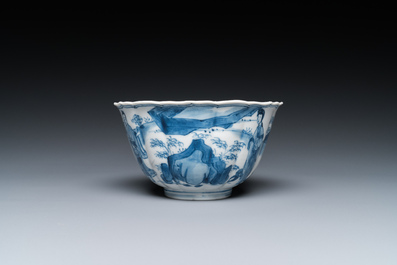 A Chinese blue and white bowl with figures in a landscape, Chenghua mark, Kangxi