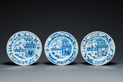 Zes Chinese blauw-witte 'Xi Xiang Ji' schotels, Kangxi