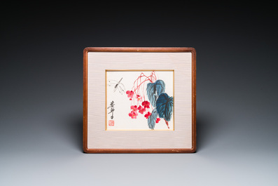 Lou Shibai 婁師白 (1918-2010): 'Libellule et fleurs' et Qi Gong 啟功 (1912-2005): 'Calligraphie', encre et couleurs sur papier