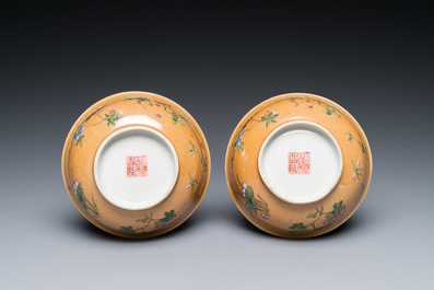 A pair of Chinese caf&eacute;-au-lait-ground famille rose 'grasshopper' bowls, Daoguang mark and of the period