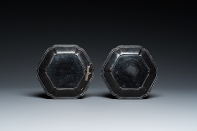 A pair of Chinese precious-stone-embellished lacquer dishes, Kangxi