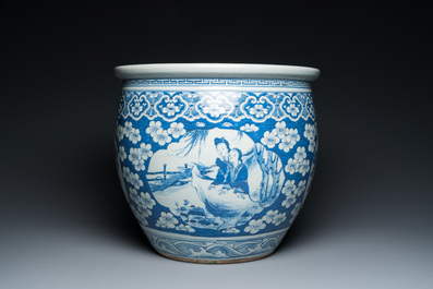 A Chinese blue and white fish bowl with medallions on a prunus-ground, 19th C.