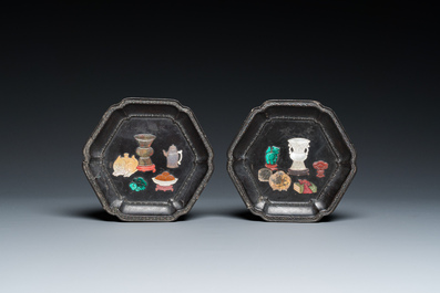 A pair of Chinese precious-stone-embellished lacquer dishes, Kangxi