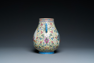 A Chinese yellow-ground famille rose 'hu' vase with playing boys, Qianlong mark, Republic