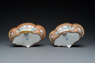 A pair of Chinese Canton enamel quatrefoil jardini&egrave;res, Qianlong mark, 19th C.