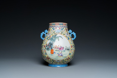 A Chinese yellow-ground famille rose 'hu' vase with playing boys, Qianlong mark, Republic