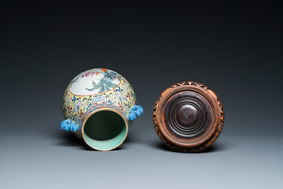 A Chinese yellow-ground famille rose 'hu' vase with playing boys, Qianlong mark, Republic