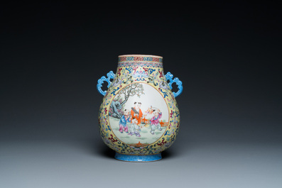A Chinese yellow-ground famille rose 'hu' vase with playing boys, Qianlong mark, Republic