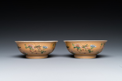 A pair of Chinese caf&eacute;-au-lait-ground famille rose 'grasshopper' bowls, Daoguang mark and of the period