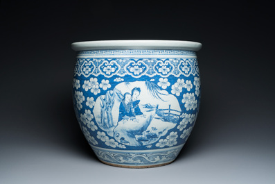 A Chinese blue and white fish bowl with medallions on a prunus-ground, 19th C.