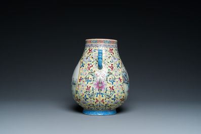 A Chinese yellow-ground famille rose 'hu' vase with playing boys, Qianlong mark, Republic