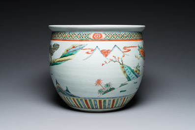 A Chinese famille verte fish bowl with warriors on horseback, 19th C.