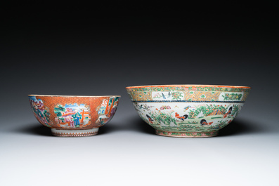 Two Chinese Canton famille rose bowls, a vase and a gilt-lacquered box, Qianlong and later
