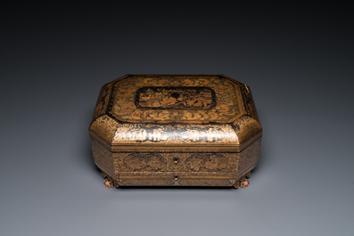 Two Chinese Canton famille rose bowls, a vase and a gilt-lacquered box, Qianlong and later