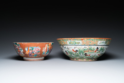 Two Chinese Canton famille rose bowls, a vase and a gilt-lacquered box, Qianlong and later