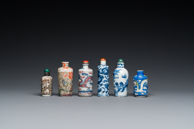 Six Chinese snuff bottles with dragons and Buddhist lions, 19/20th C.