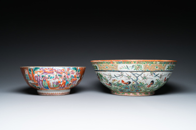 Two Chinese Canton famille rose bowls, a vase and a gilt-lacquered box, Qianlong and later