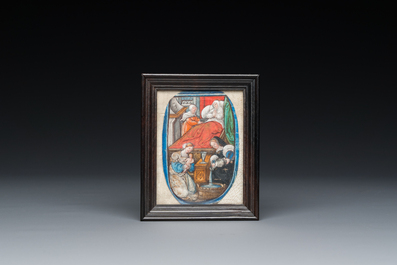 Miniature sur papier: 'La naissance de la Vi&egrave;rge', &eacute;l&eacute;ment d'une lettrine histori&eacute;e d'un manuscrit enlumin&eacute;, 16&egrave;me