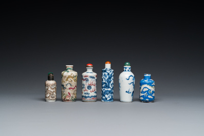 Six Chinese snuff bottles with dragons and Buddhist lions, 19/20th C.