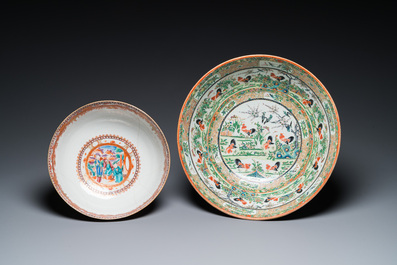 Two Chinese Canton famille rose bowls, a vase and a gilt-lacquered box, Qianlong and later