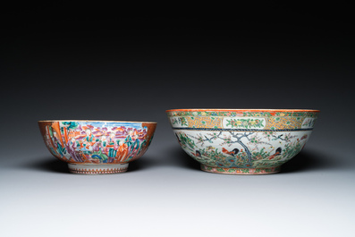 Two Chinese Canton famille rose bowls, a vase and a gilt-lacquered box, Qianlong and later