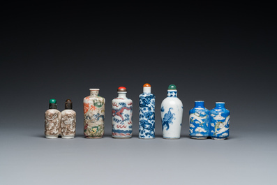 Six Chinese snuff bottles with dragons and Buddhist lions, 19/20th C.
