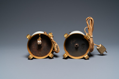 A pair of Chinese gilt bronze lamp-mounted crackle-glazed vases, 18/19th C.