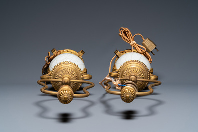 A pair of Chinese gilt bronze lamp-mounted crackle-glazed vases, 18/19th C.