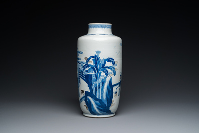 A Chinese blue, white and copper-red 'narrative subject' rouleau vase, Kangxi