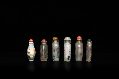 Five Chinese inside-painted glass snuff bottles and one in Canton or Beijing enamel, 19/20th C.