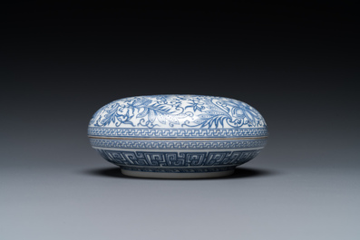 A Chinese overglaze blue enamelled box and cover with floral design, probably Republic