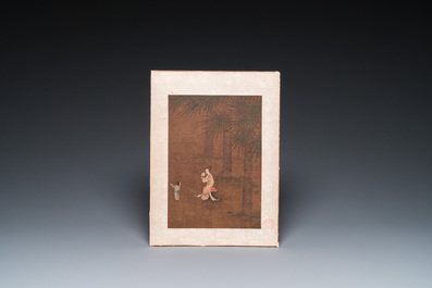 Chinese School: 'Lady and servant', ink and colour on silk, Ming