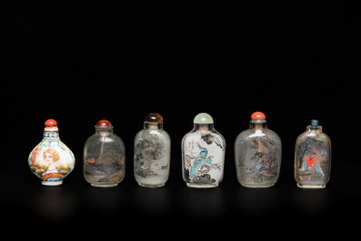 Five Chinese inside-painted glass snuff bottles and one in Canton or Beijing enamel, 19/20th C.