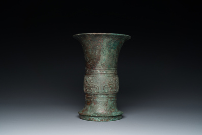 A Chinese inscribed archaic bronze ritual 'zun' wine vessel, probably Western Zhou