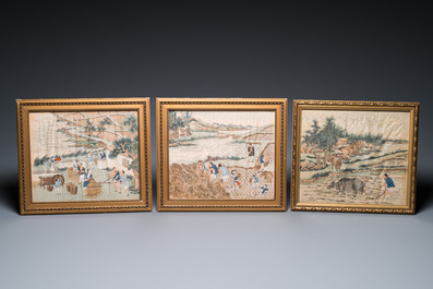 Chinese school: Three rice production scenes, ink and colour on silk, 19th C.