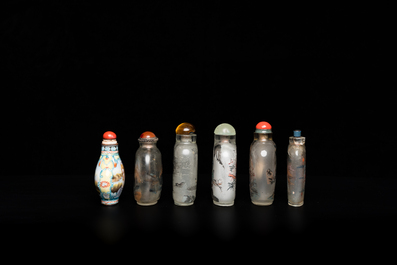 Five Chinese inside-painted glass snuff bottles and one in Canton or Beijing enamel, 19/20th C.