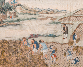 Chinese school: Three rice production scenes, ink and colour on silk, 19th C.